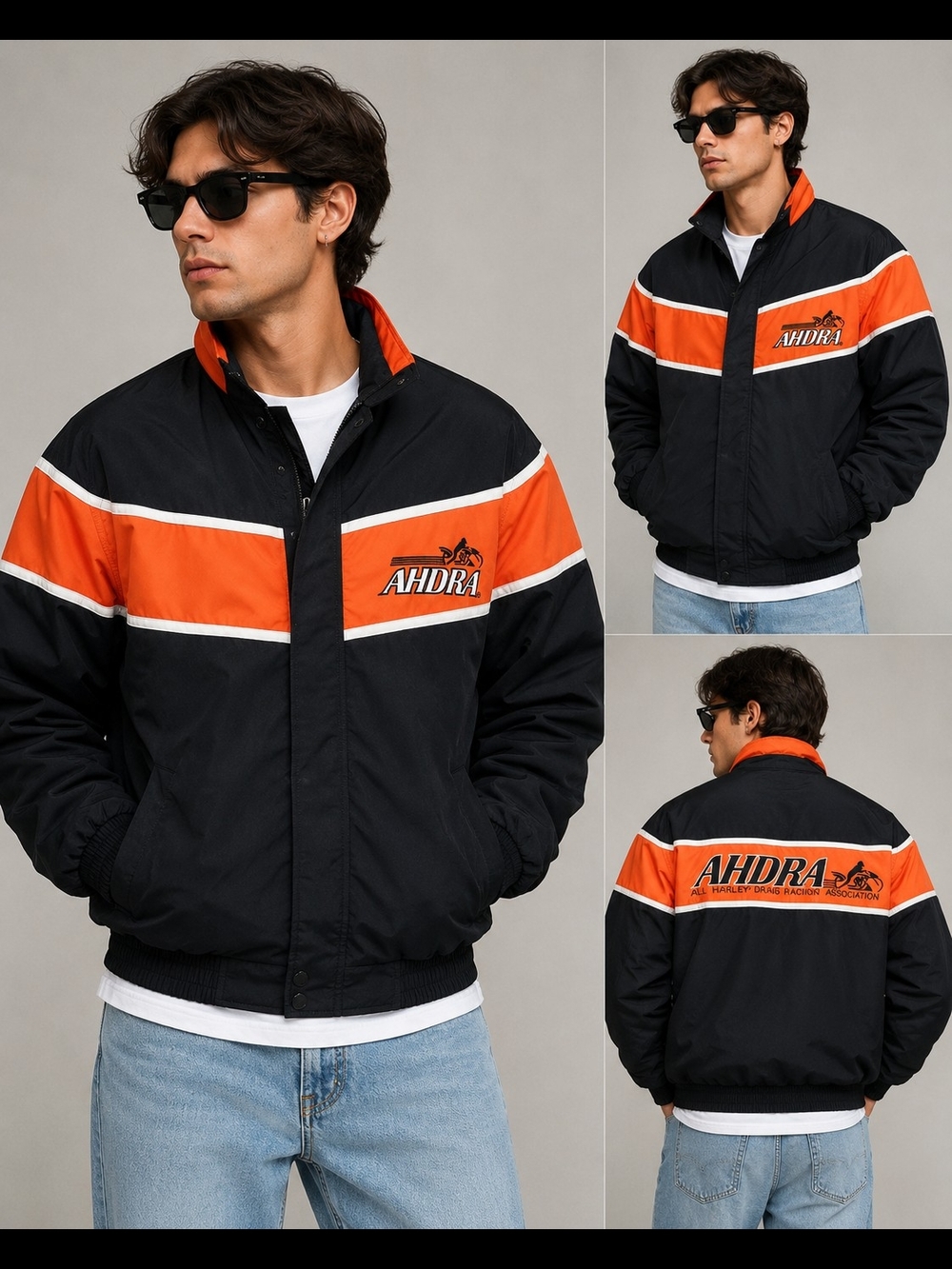 Harley Davidson ADHRA CHASE Men's Black & Orange Racing Bomber Jacket Y2K 1990'S